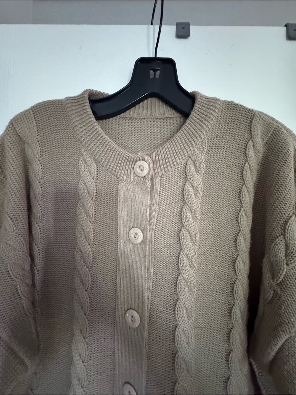 Taupe Cable Knit Button-Up Cardigan. Ptp 23 inches - Picture 2 of 8
